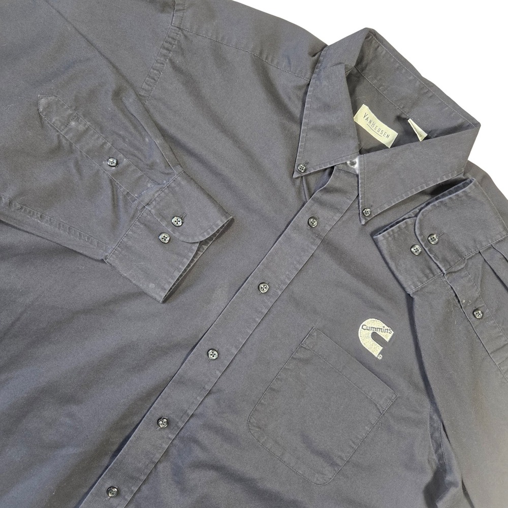 Van Heusen Mens Button Down Shirt Dark Gray Cummins Logo Long Sleeve XL Trucker